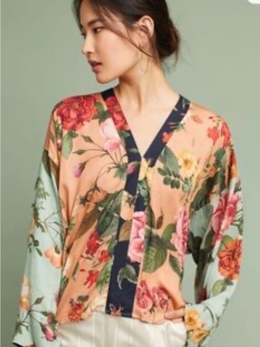 FARM Rio Peach Floral V-Neck Kimono Blouse with Mint Sleeves